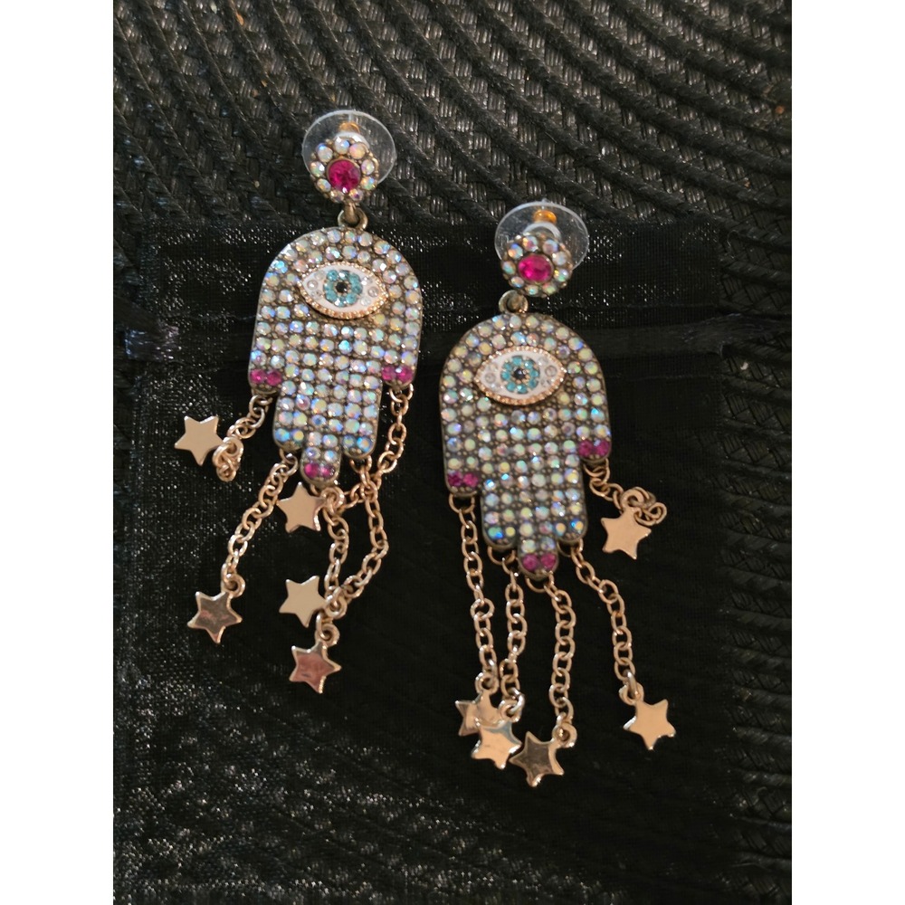Betsey Johnson Hamsa Hand Evil Eye Star Dangle Earrings Iridescent Gold Tone